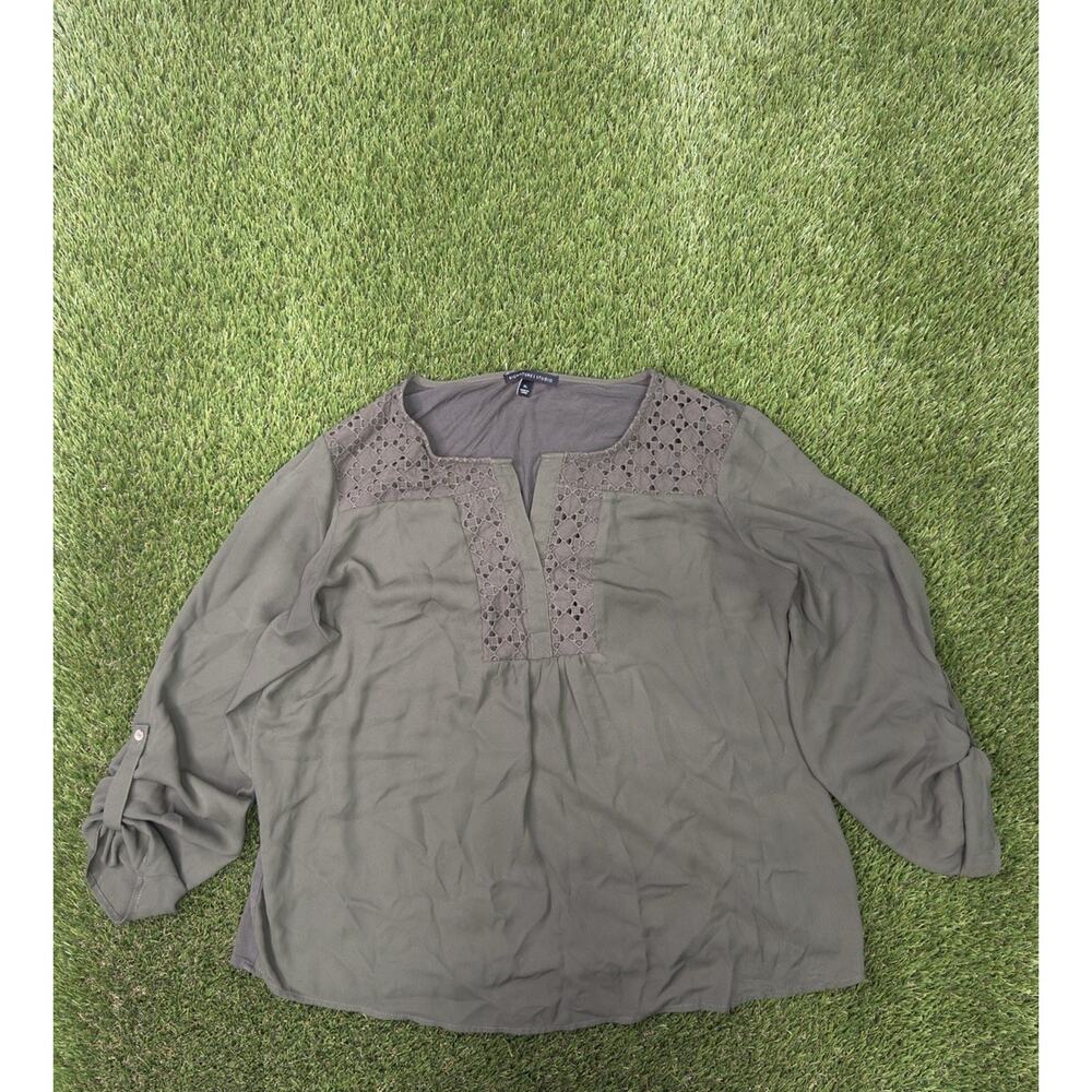 Signature Studio Olive Green Eyelet Split Neck Long Sleeve Top XL